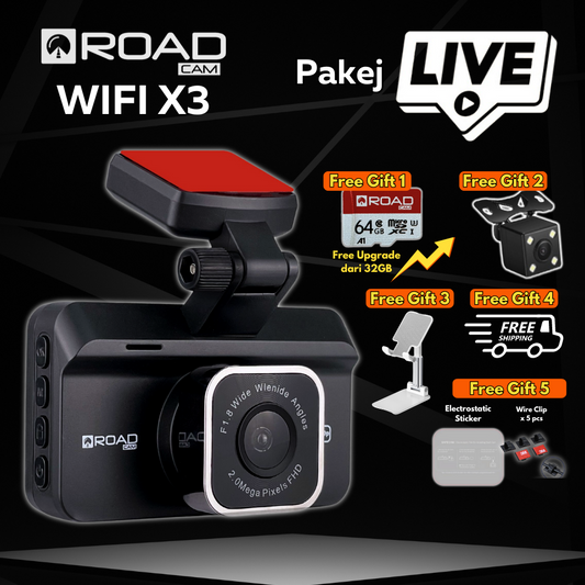 [LIVE SAHAJA] Roadcam WIFI X3 + 64GB + FREE Phone Holder + FREE Installation Pack