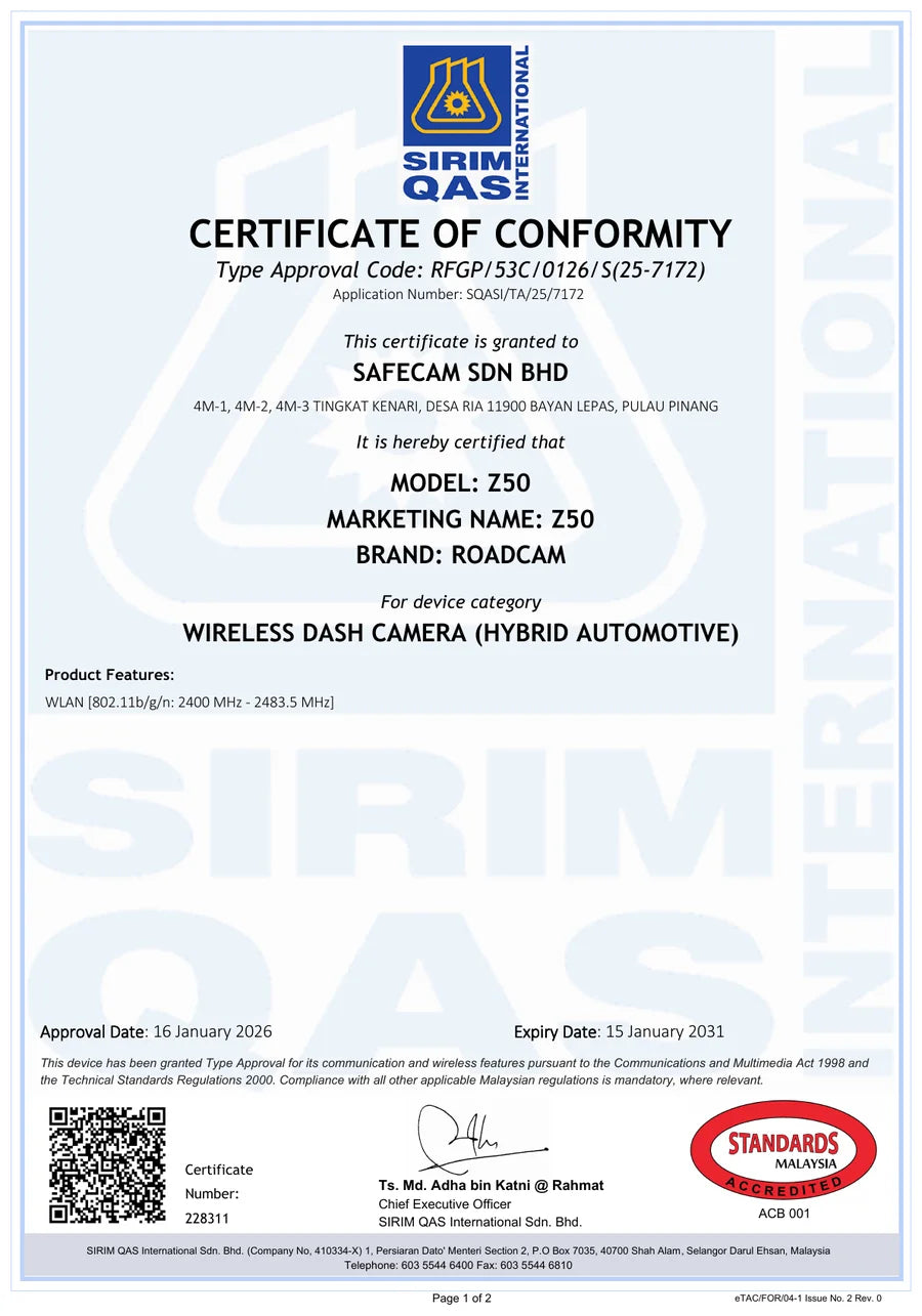 SIRIM QAS Certificate of Conformity — ROADCAM Z50